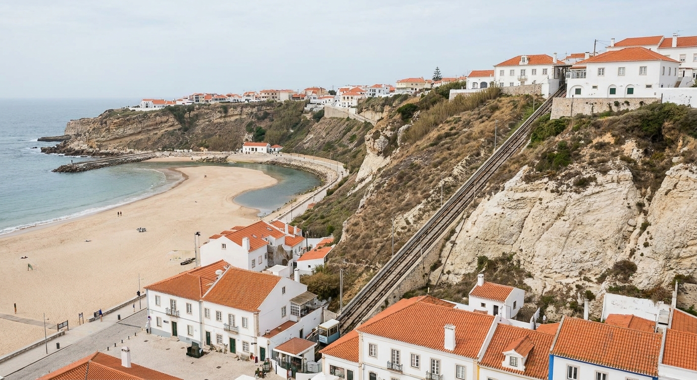 Colorful fishing boats and empty sand on Nazaré's town beach on a clear winter morning
