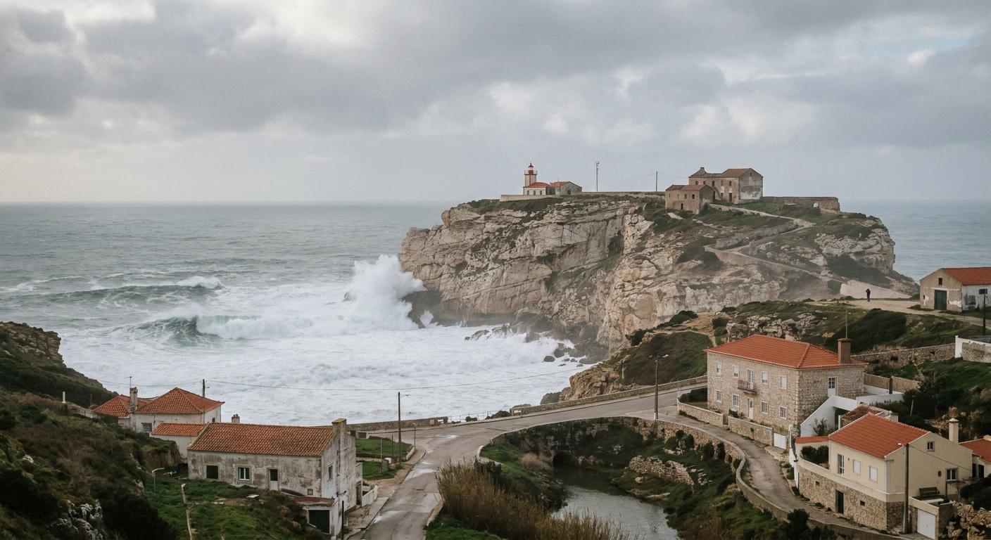 Waves breaking below the clifftop headland at Praia do Norte in Nazaré under winter cloud