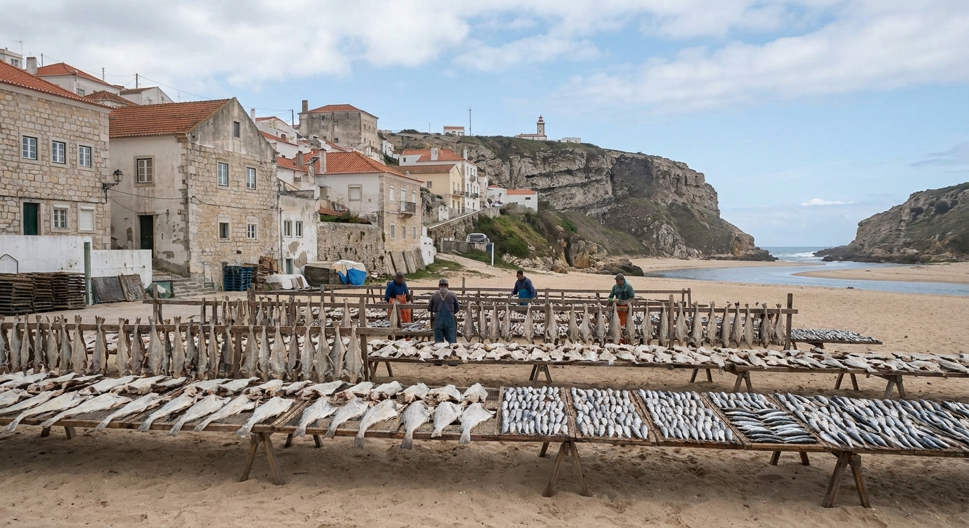 Fish drying on low wooden racks on the sand at Nazaré with the town and cliff behind