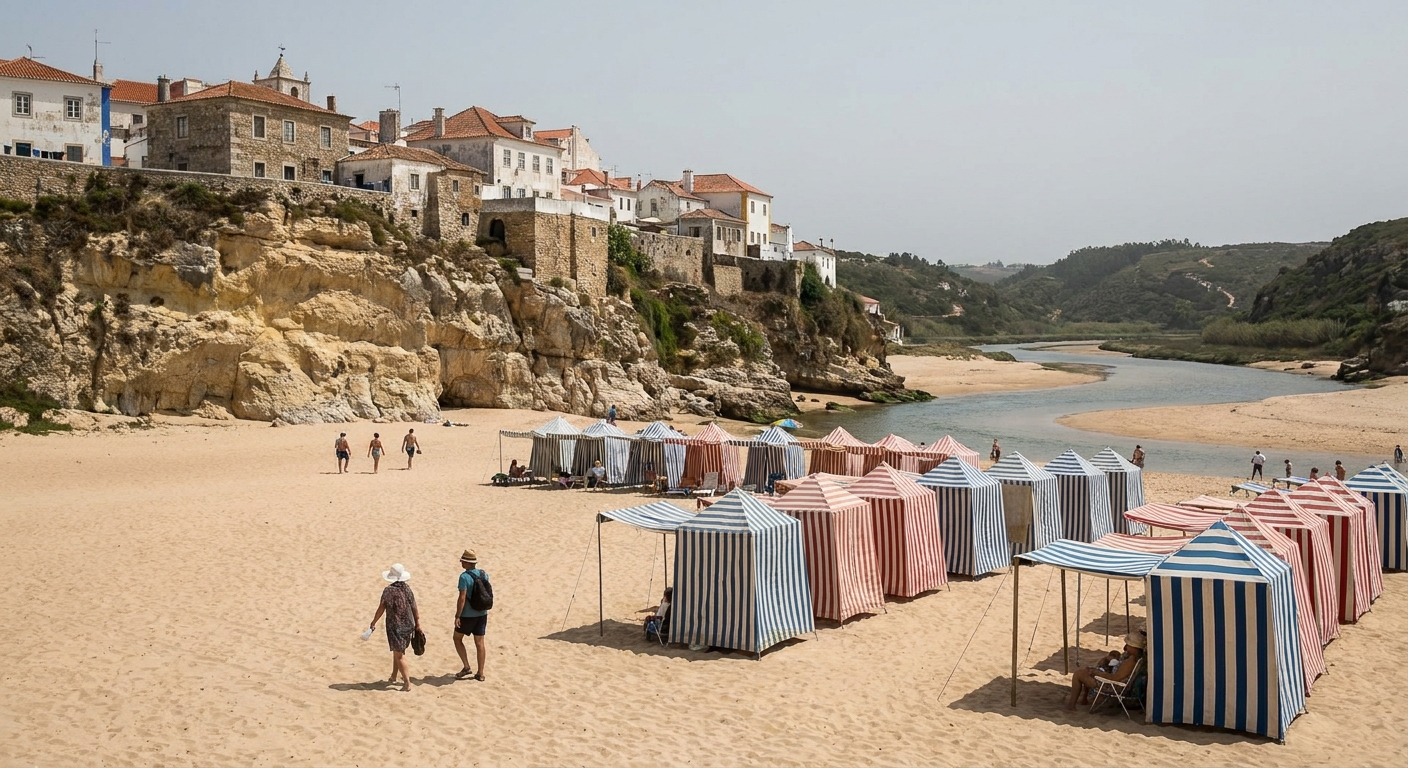 Wide sandy beach with rows of striped awnings below a high cliff topped by a village