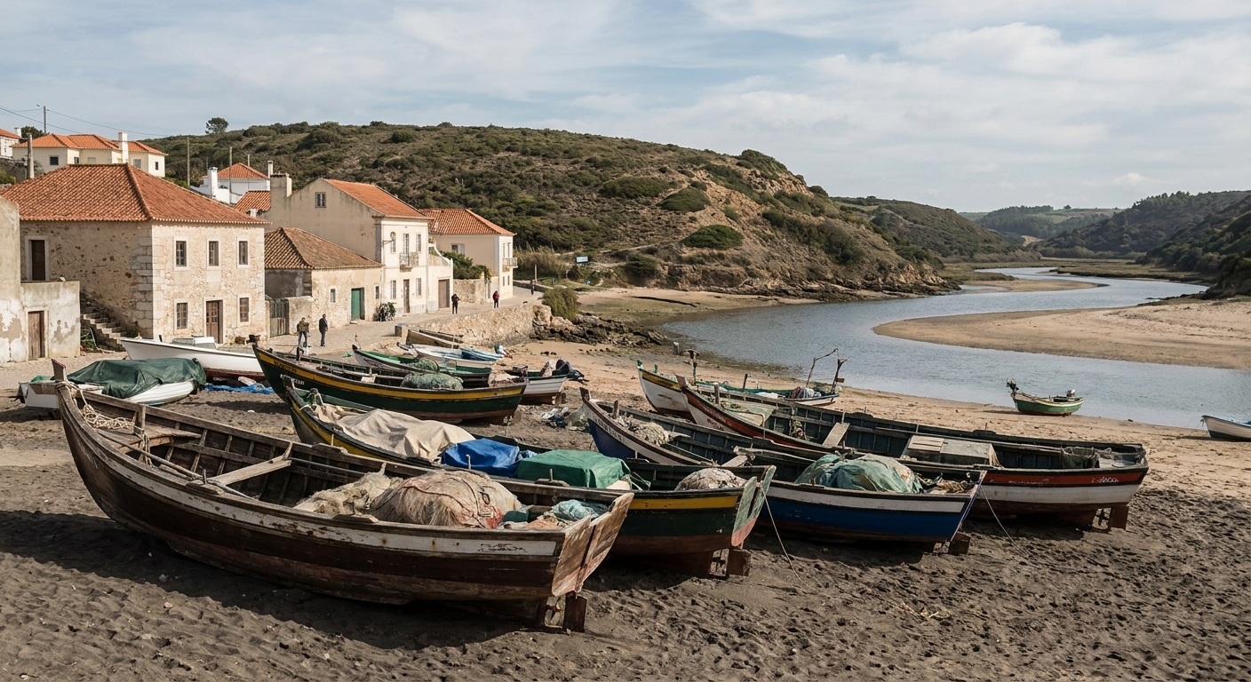 Fishing boats pulled up on sand at the north end of a beach with a headland behind
