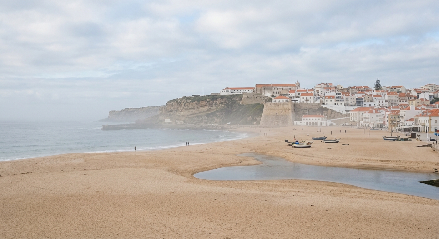 The wide town beach of Nazaré seen from the clifftop of Sítio on a clear morning
