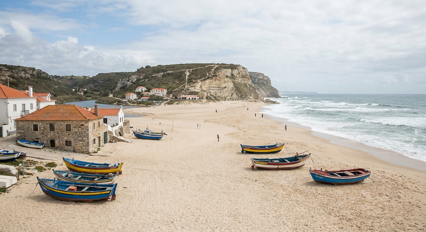 Cliffs above a wide sandy beach and a small Atlantic town under broken cloud
