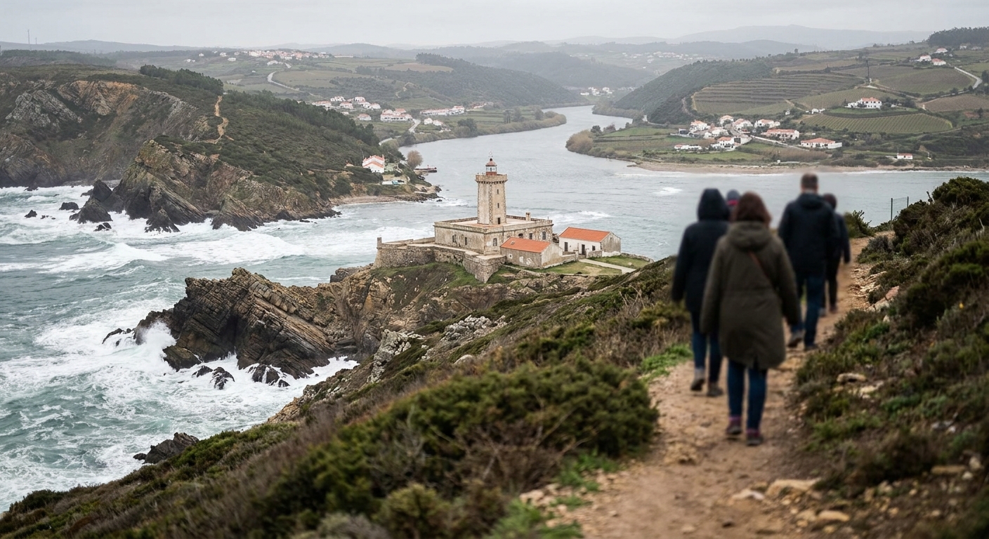 A funicular car climbing a steep cliffside track above a coastal town