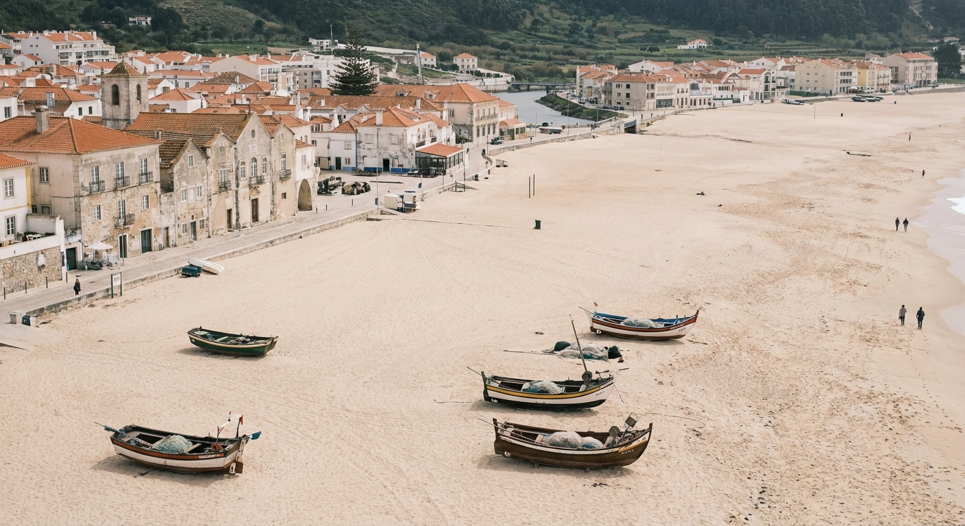 Wide sandy beach below a clifftop town under bright spring light