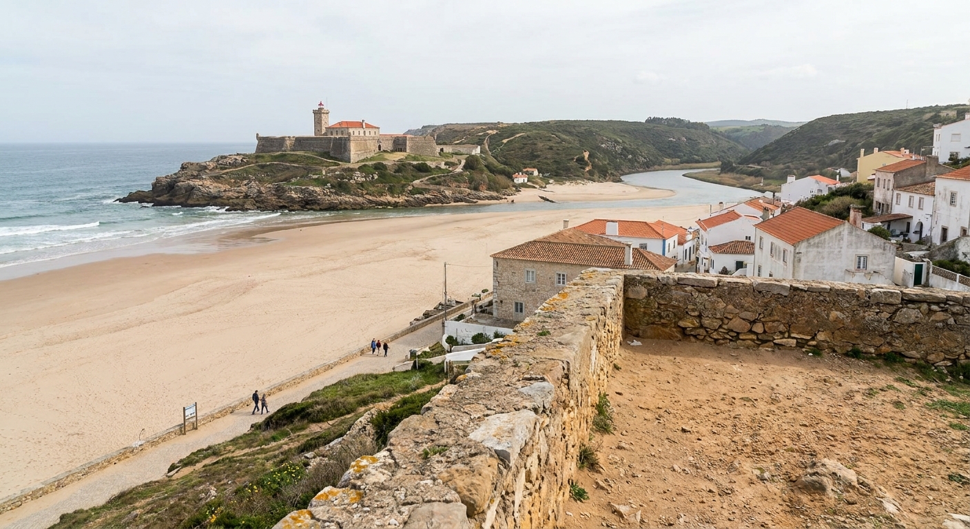 A funicular car climbing the cliff face between a beach town and a clifftop quarter