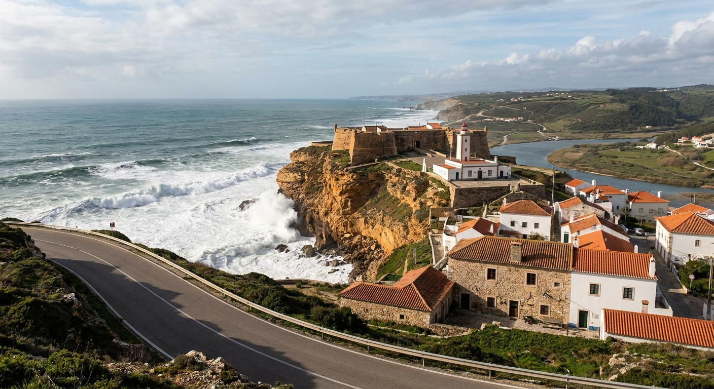 View from the clifftop at Sítio over the wide beach and breaking surf at Nazaré under gray autumn cloud