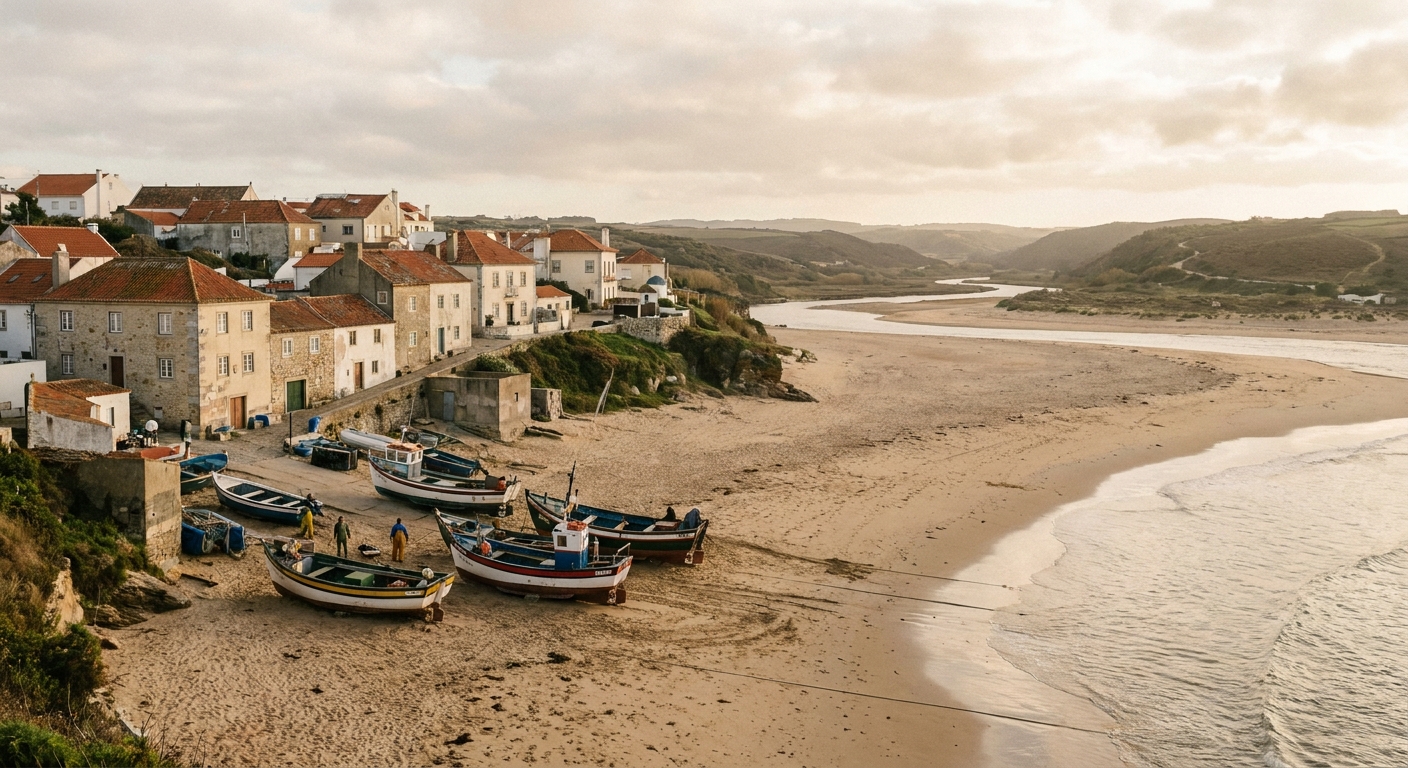 Waves breaking at the foot of the headland at Sítio above the bay beach and white houses of Nazaré