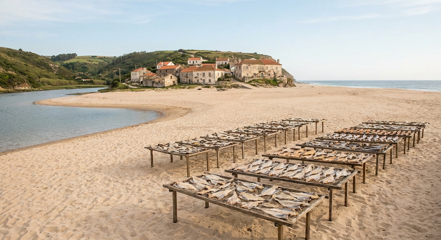 Wide sand beach at Nazaré backed by white buildings under a partly clouded autumn sky