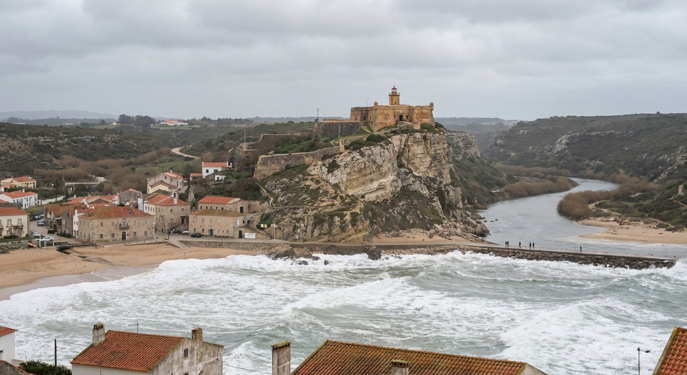 The wide town beach of Nazaré curving below the Sítio cliff on a clear day