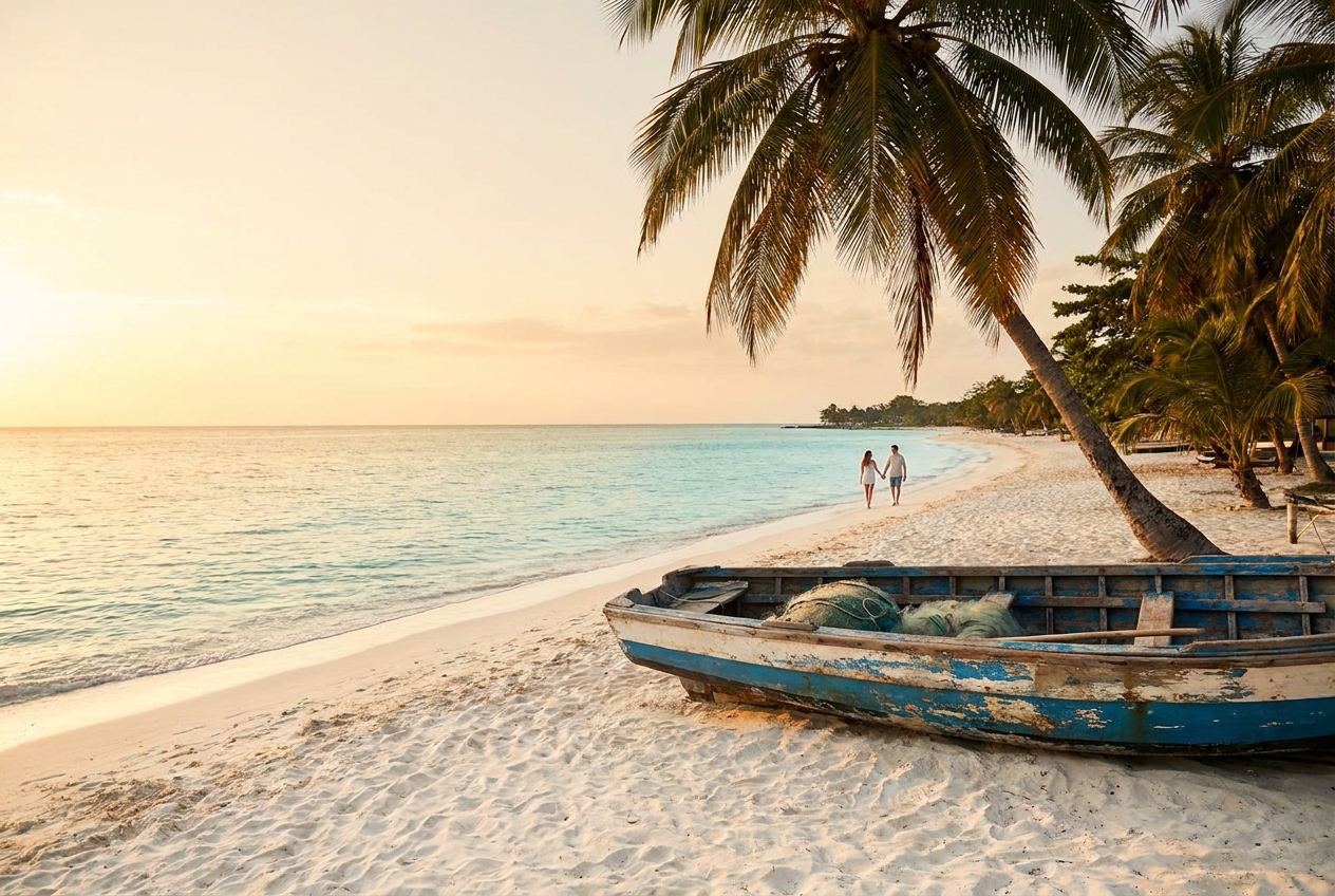 Seven Mile Beach in Negril at golden hour with a fishing boat under leaning palms
