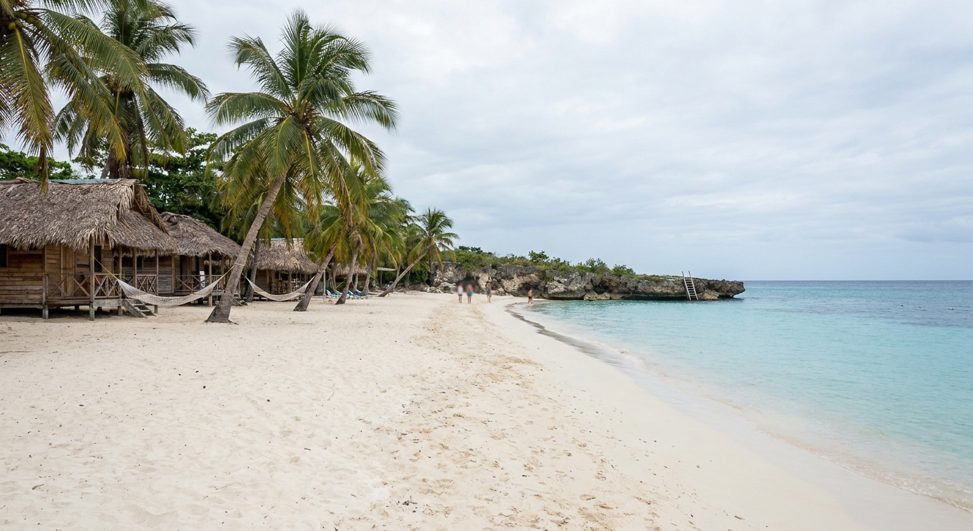 Calm turquoise water and palms along a wide sand beach on Jamaica's west coast