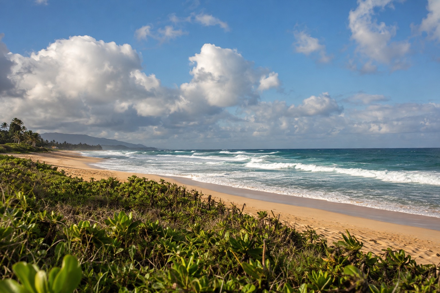 Waves breaking along a wide sandy beach on Oahu's North Shore under a partly cloudy spring sky, with a grassy dune line in the foreground