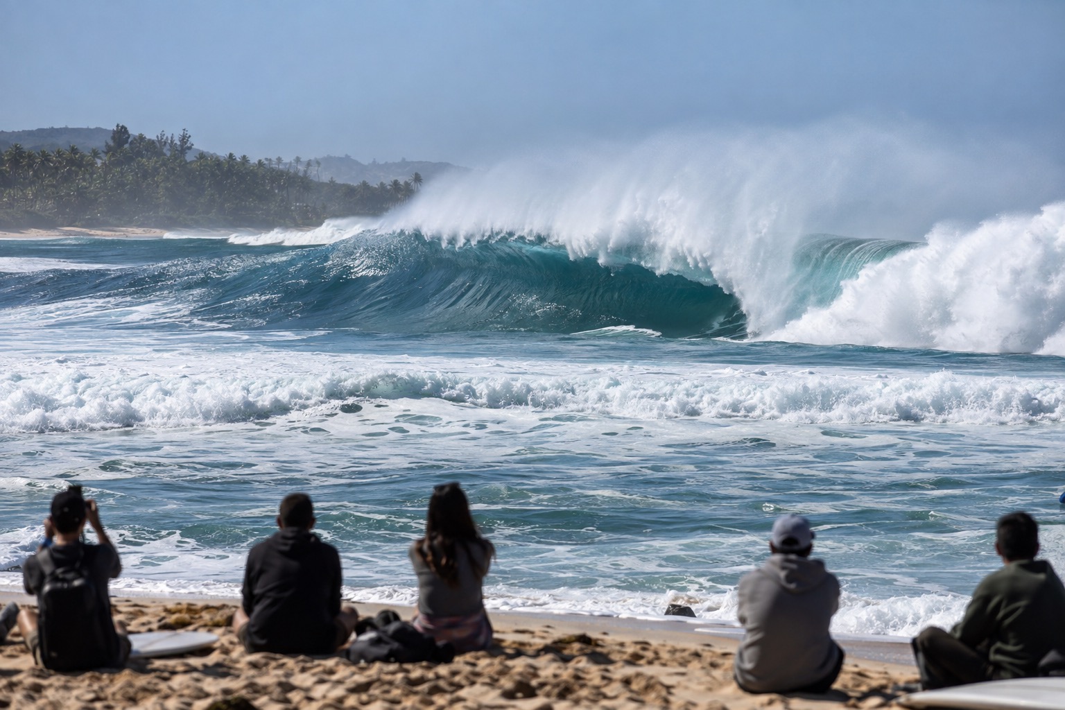 Large winter waves breaking near a North Shore surf beach with spectators watching from the sand