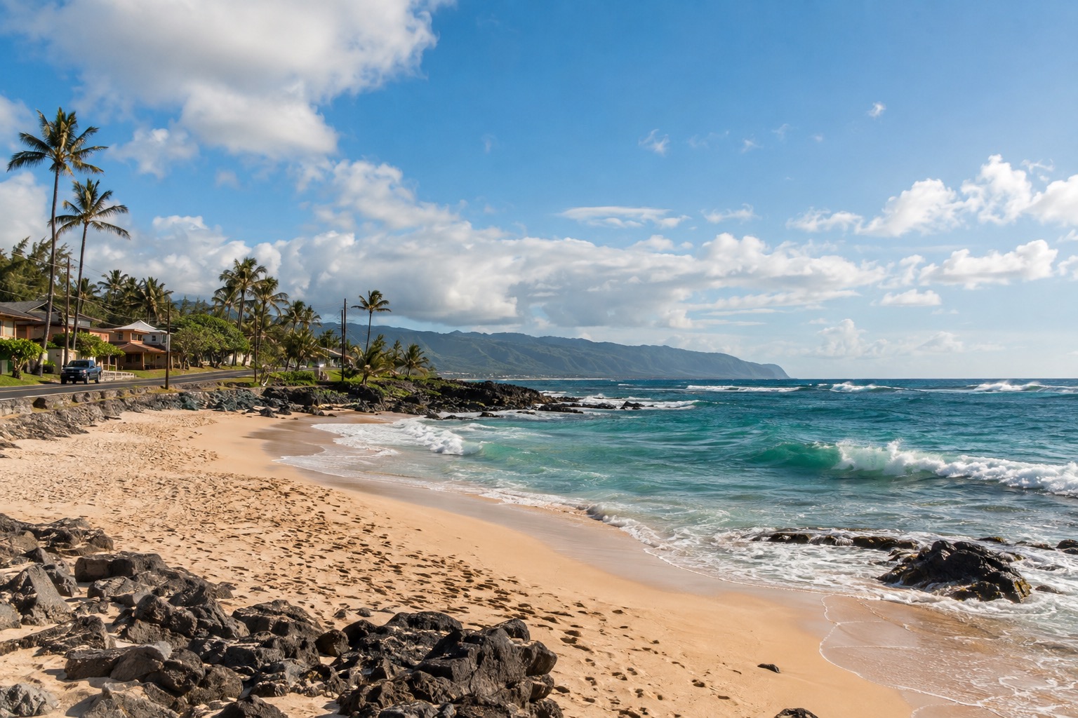 A wide sandy beach with a rocky point and small surf shops along a two-lane coastal road