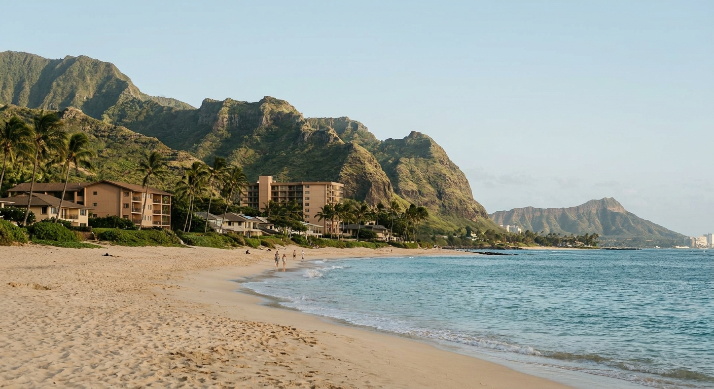 Calm turquoise water lapping a wide sand beach on Oahu's North Shore in summer