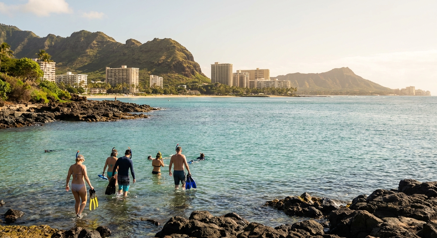 Snorkelers wading into a rocky cove with calm water on Oahu's North Shore