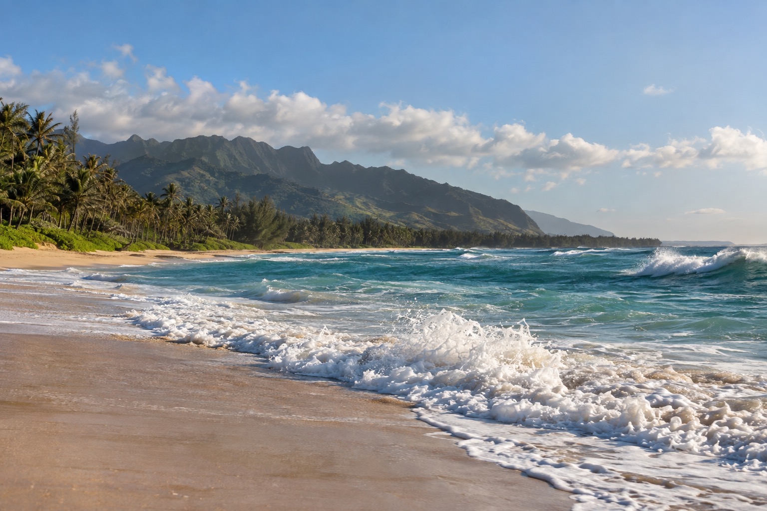 Waves breaking gently along a North Shore beach with palm trees and green hills in the background