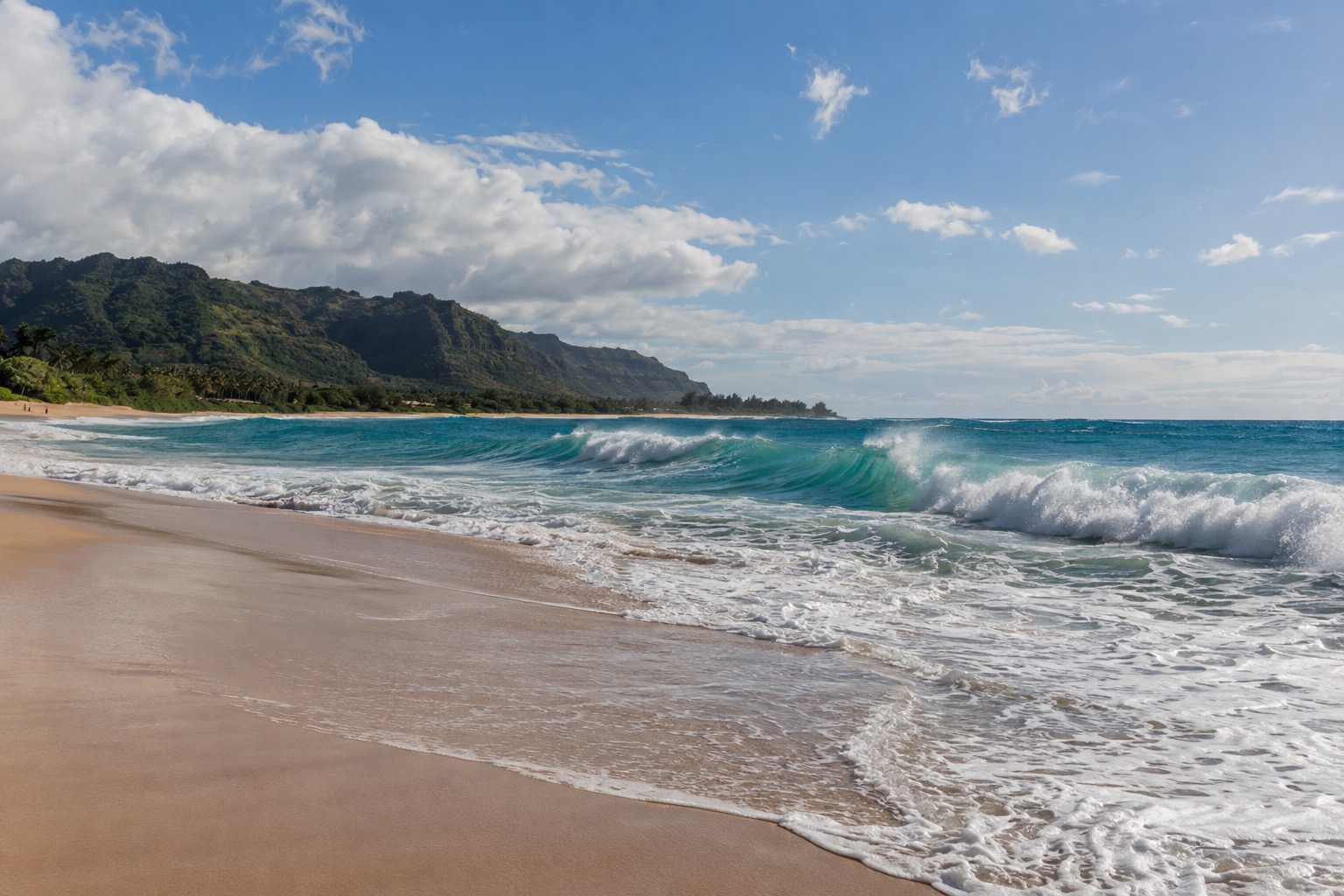 Waves rolling into a wide sandy bay backed by green cliffs on Oahu's North Shore