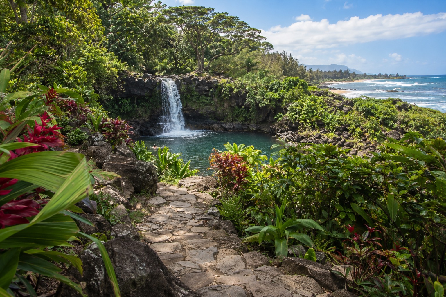 A stone path through tropical gardens leading to a waterfall pool