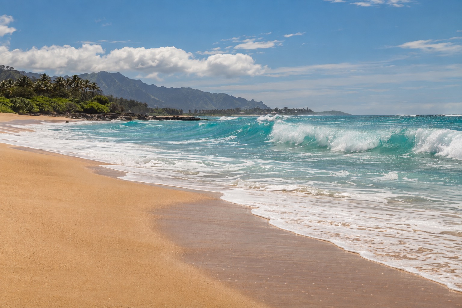 Calm turquoise water rolling onto a wide sandy beach on Oahu's North Shore