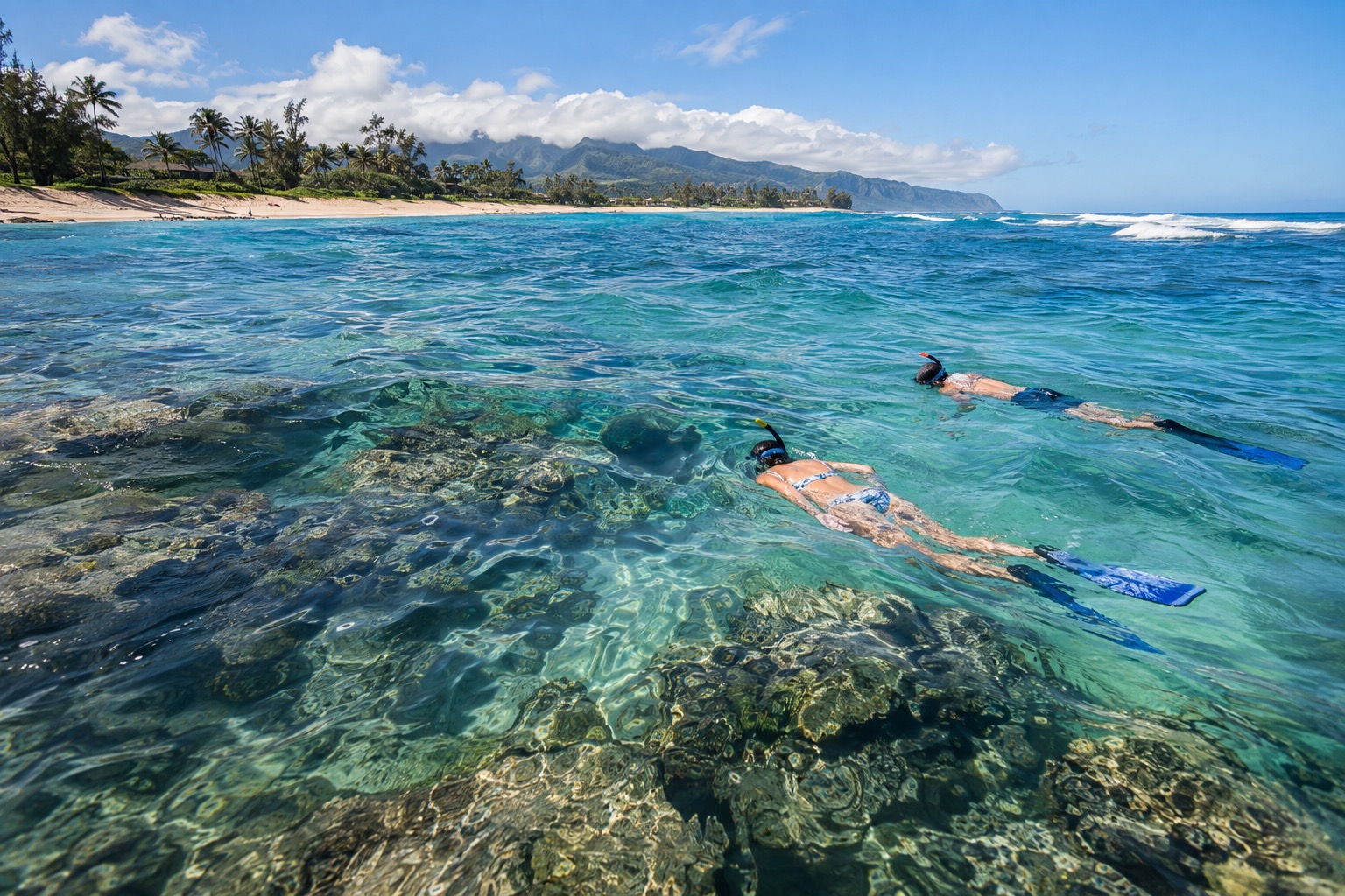 Snorkelers floating over a shallow rock reef near a North Shore beach