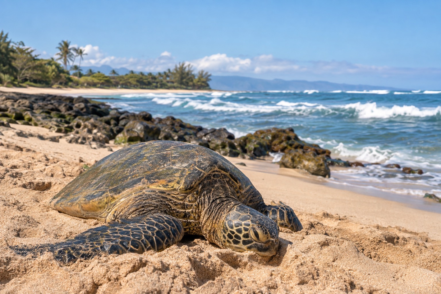 Green sea turtle resting on a sandy beach on Oahu's North Shore