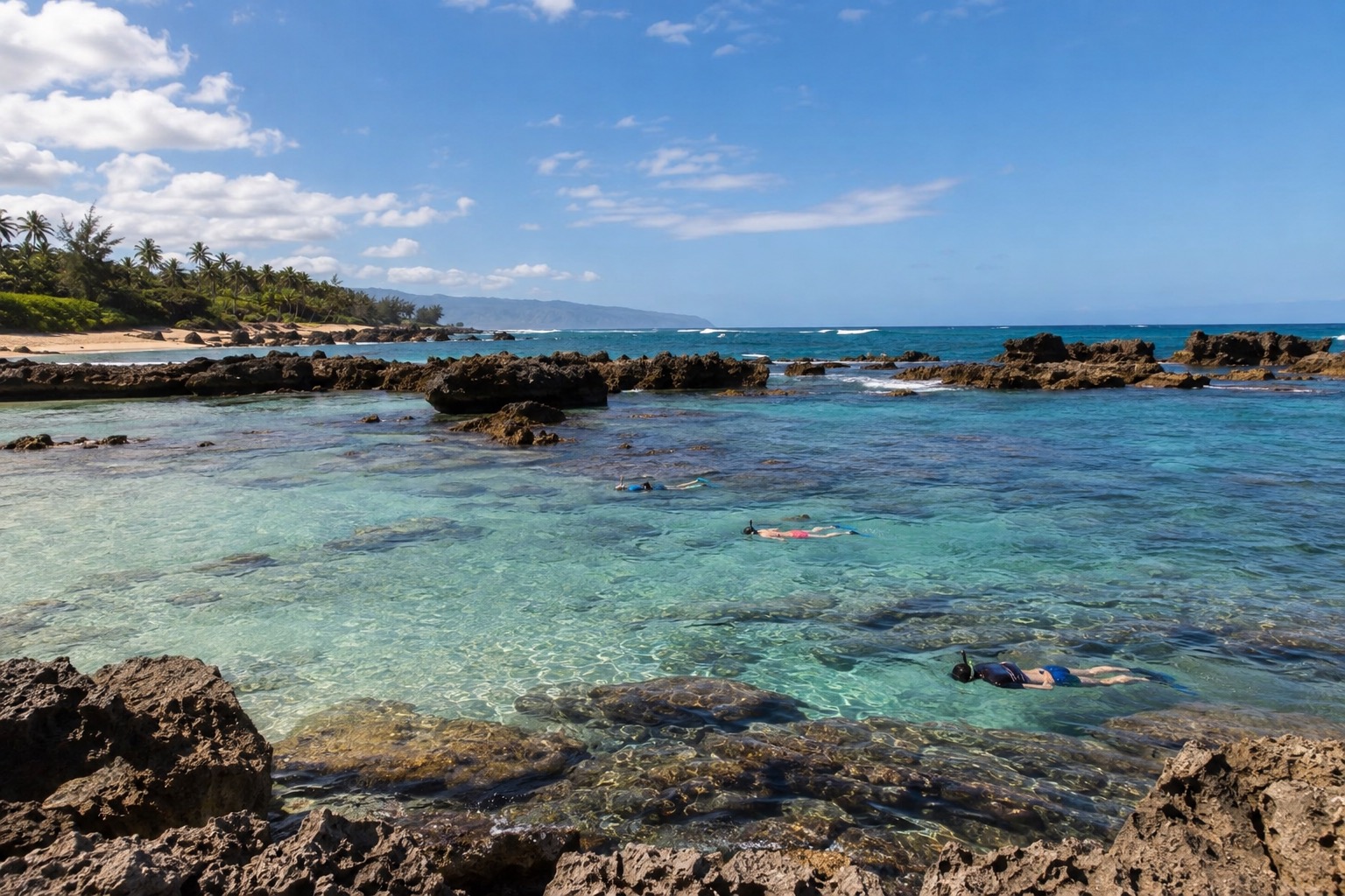Snorkelers in the clear shallow water at Sharks Cove on Oahu's North Shore