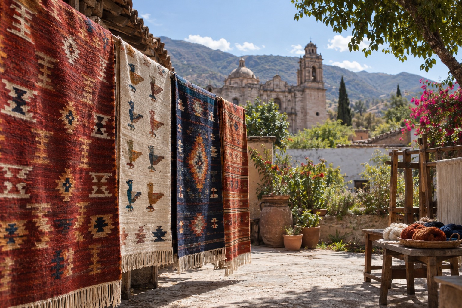 Hand-woven wool rugs hanging in a workshop courtyard in Teotitlan del Valle