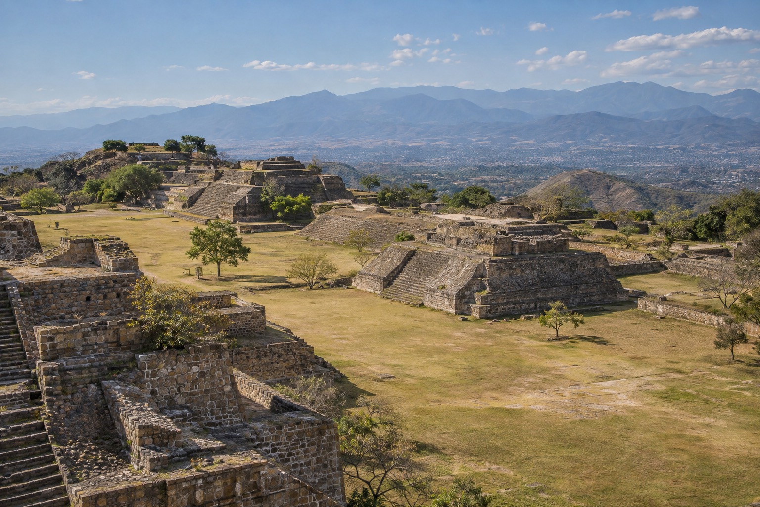 Stone platforms and stairways of the Monte Alban archaeological site on a hilltop above the Oaxaca valley