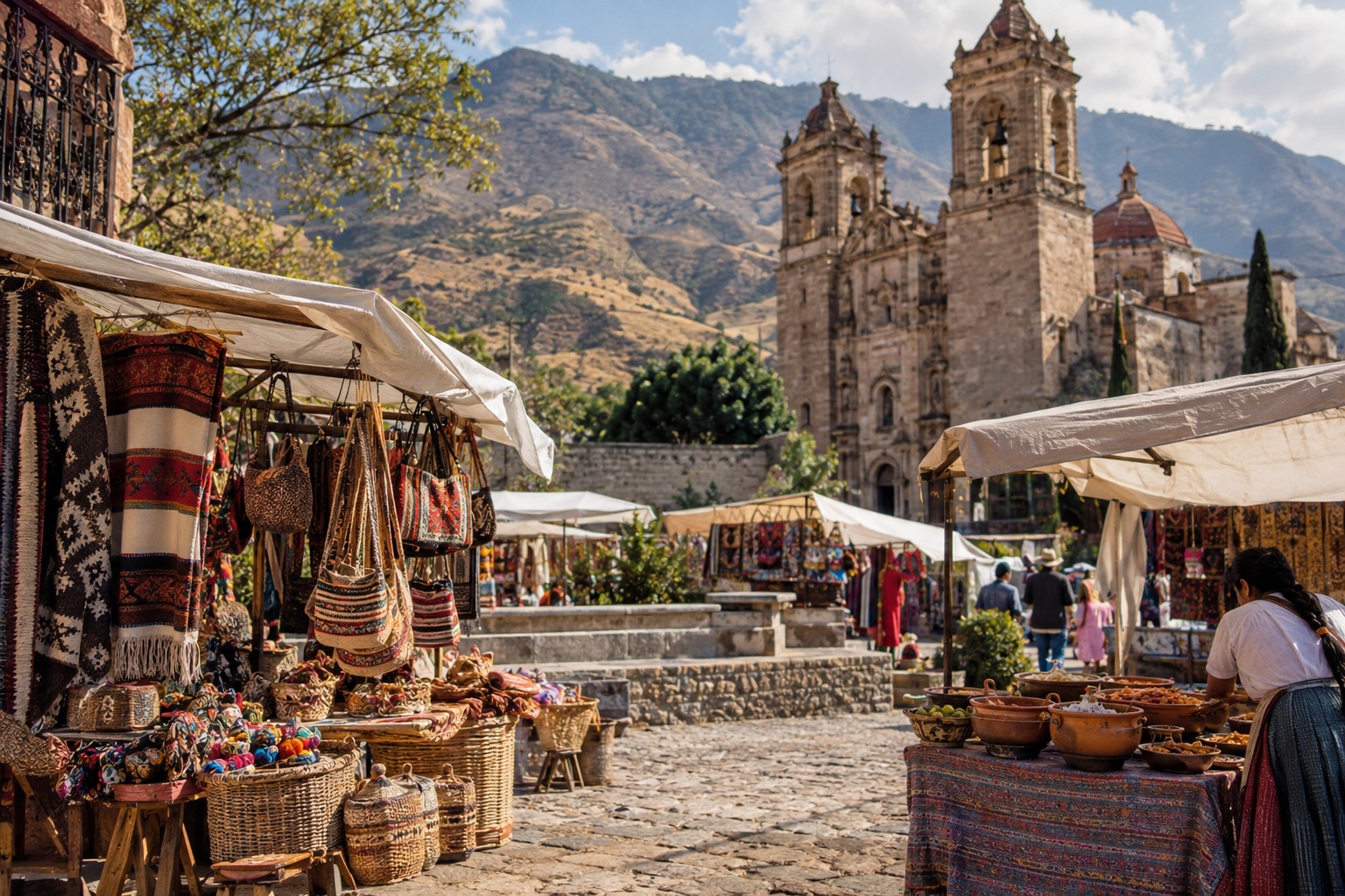 Market stalls with food and handwoven crafts in a valley town in Oaxaca