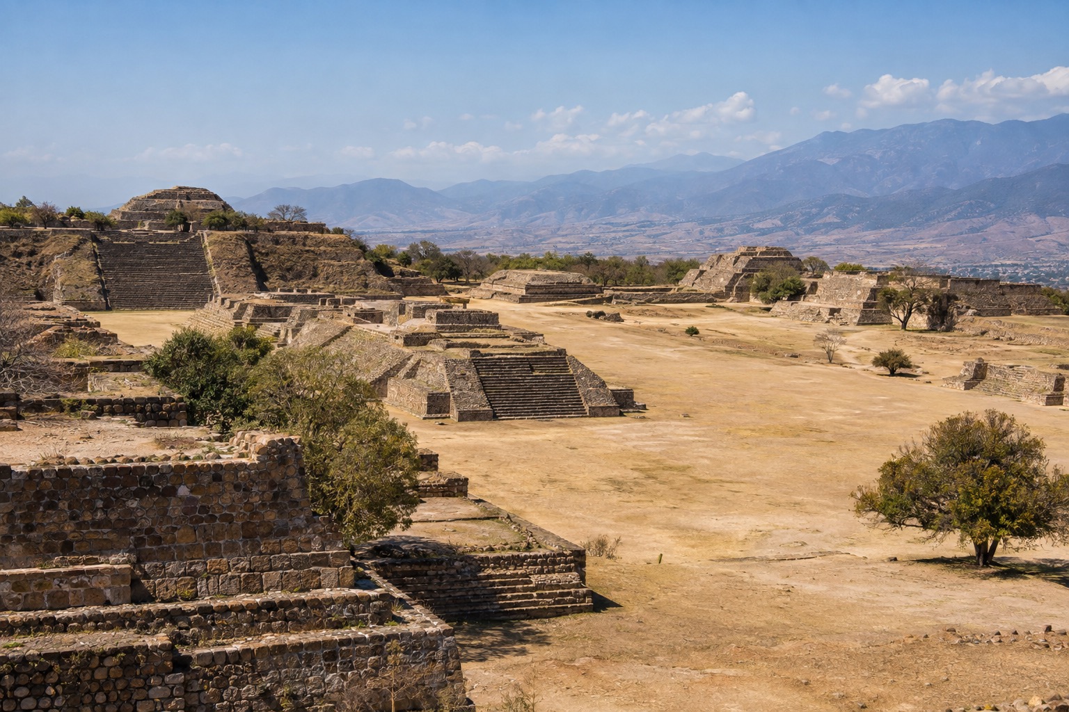 Stone platforms of the Monte Alban archaeological site on a hilltop above the Oaxaca valley