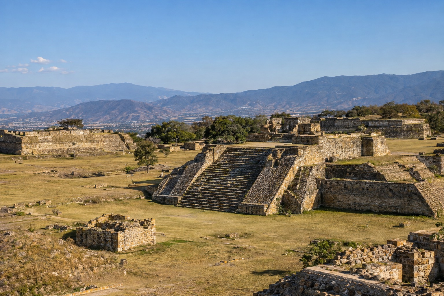 Stone platforms and stairways of Monte Albán on a hilltop above the Oaxaca valley
