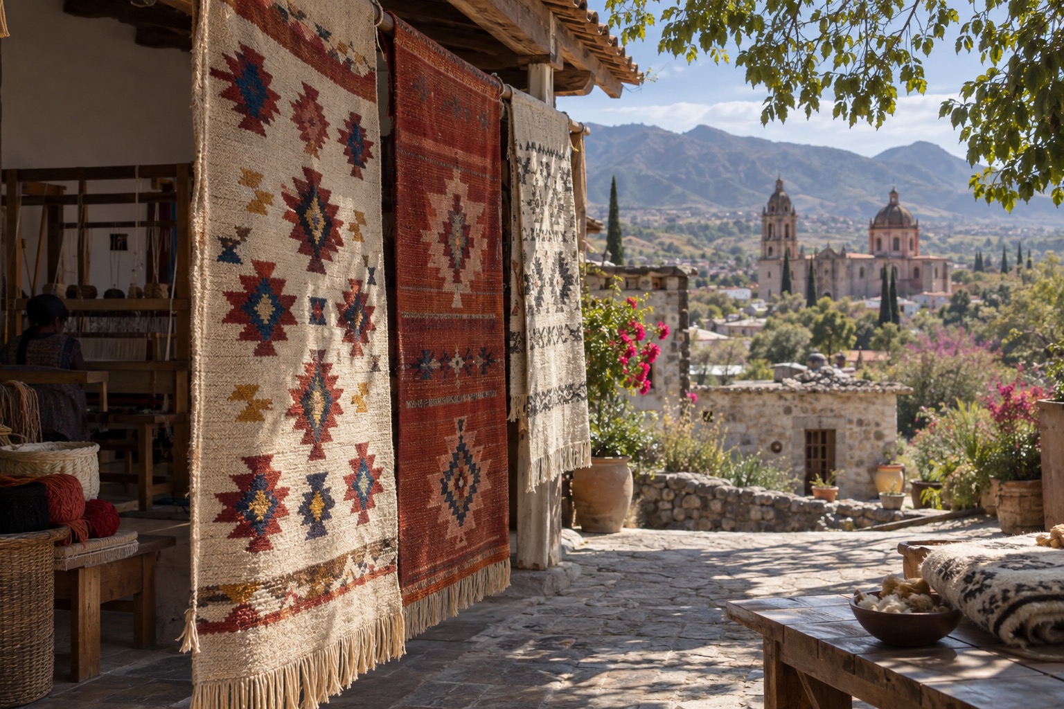 Hand-woven wool rugs hanging in a workshop in a valley village near Oaxaca