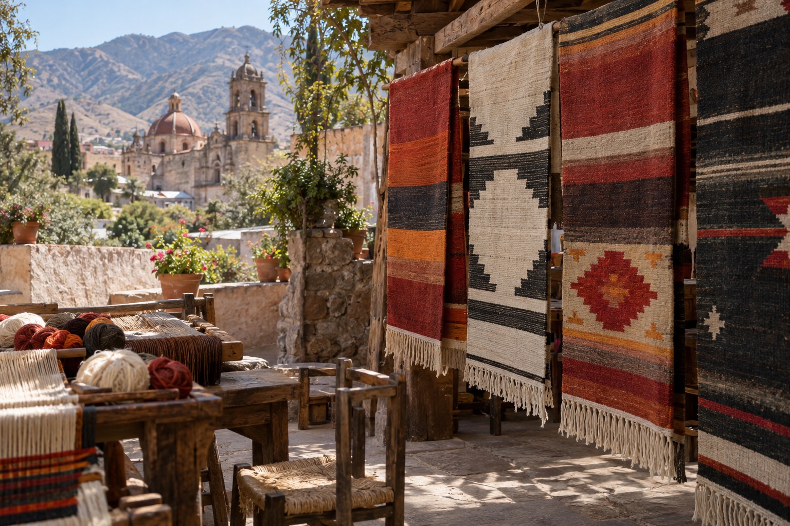 Hand-woven wool rugs in bands of color hanging in a village workshop in the Oaxaca valley