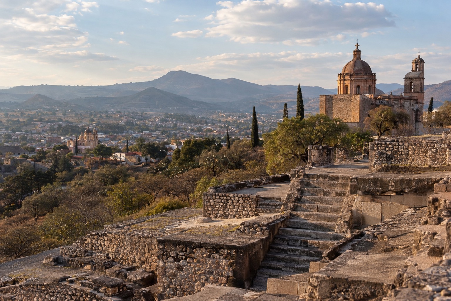 Stone platforms and stairways of an archaeological site on a hilltop above a wide valley