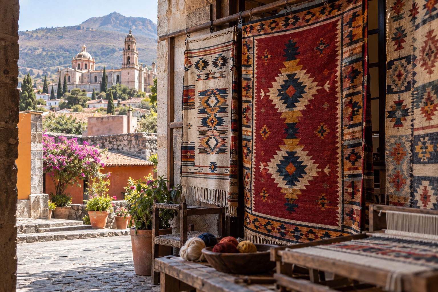 Hand-woven wool rugs in geometric patterns hanging in a village workshop
