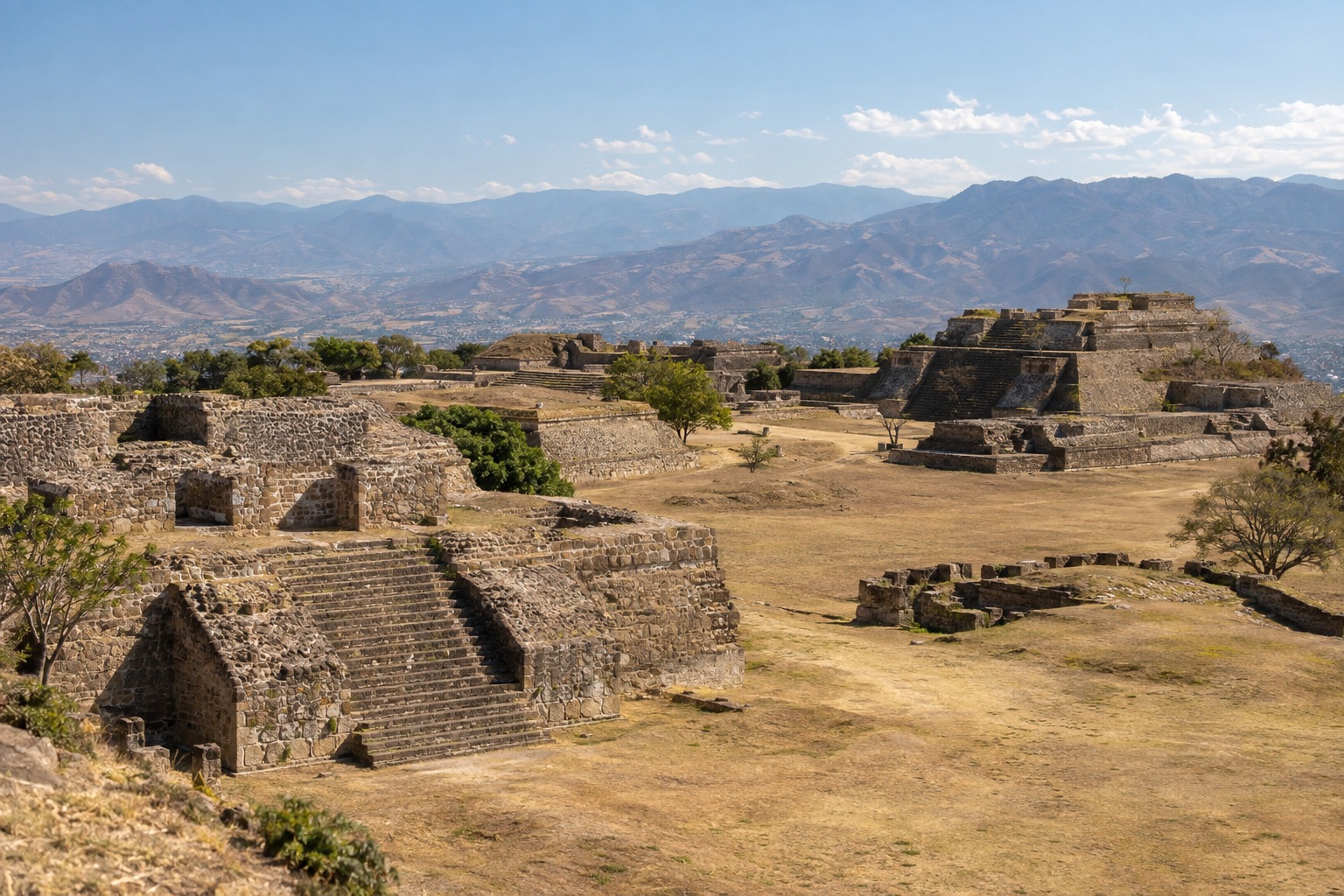 Stone platforms and staircases of Monte Albán on a hilltop above the Oaxaca valley