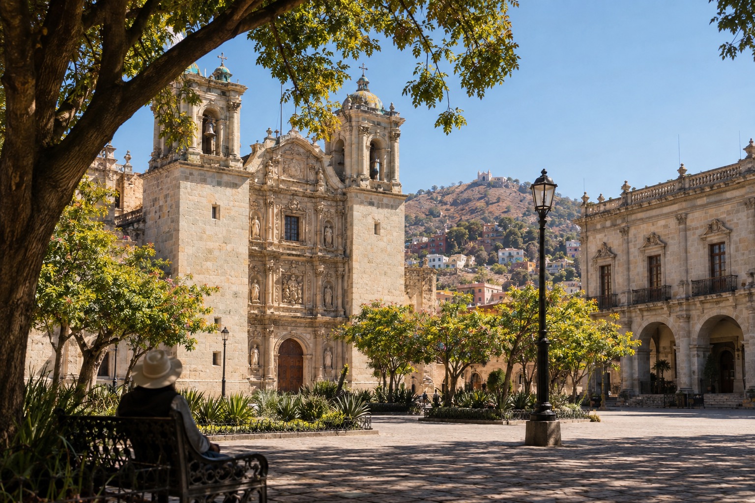 A tree-shaded city plaza with a stone cathedral facade and government palace on its edges