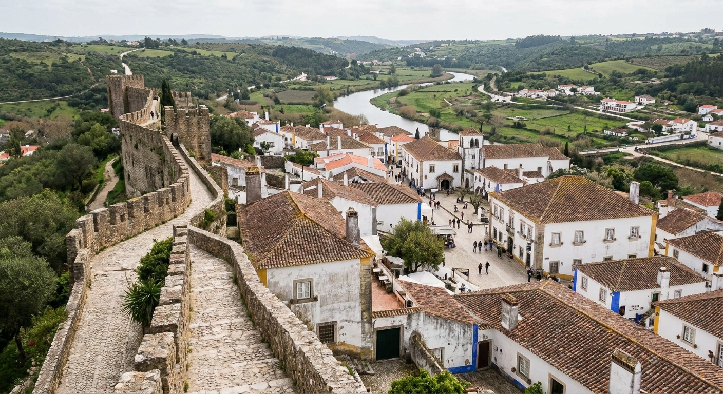 A cobbled street of whitewashed houses with blue trim inside the walls of Óbidos under spring cloud