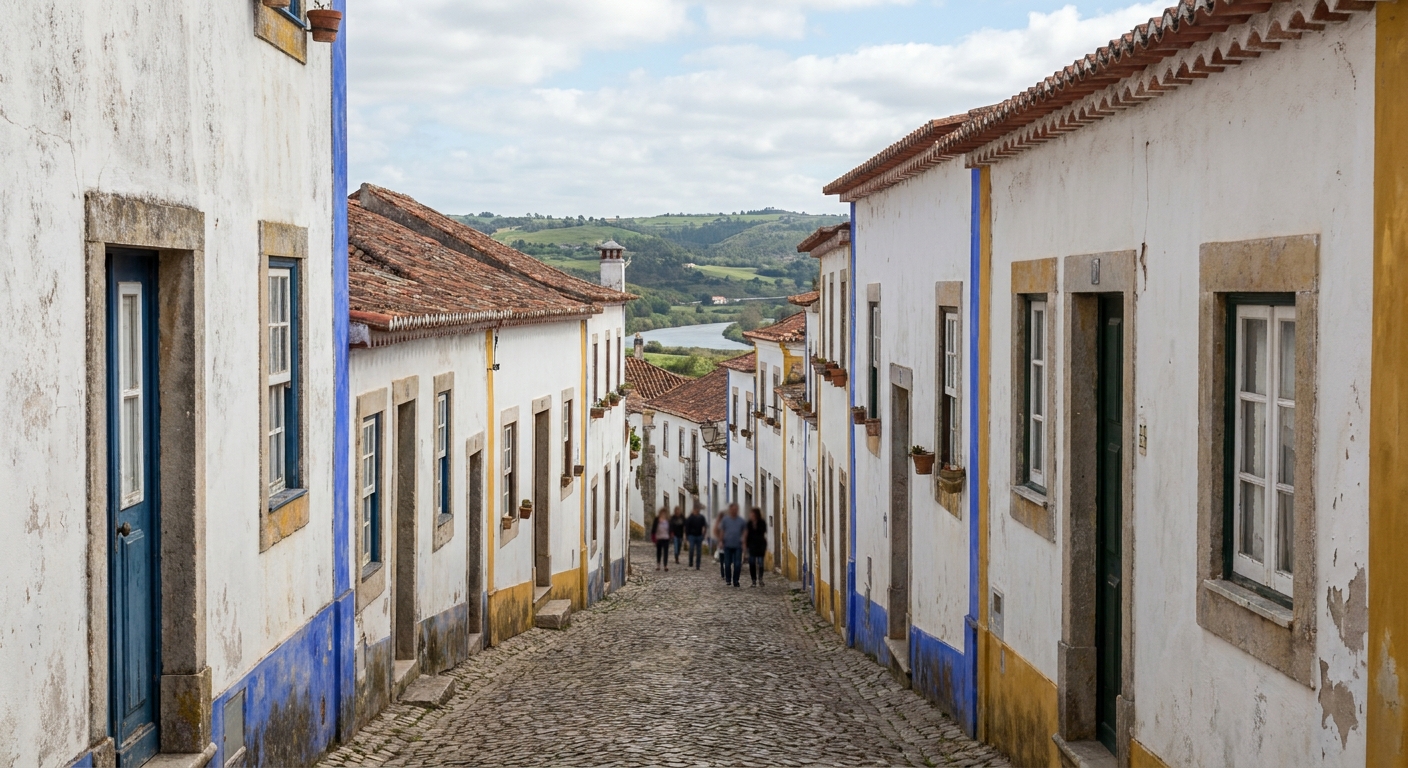 The medieval wall walk circling Óbidos with terracotta rooftops and open countryside below