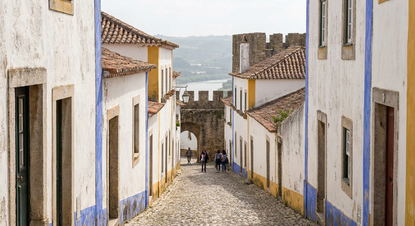 Whitewashed houses with blue painted trim along a narrow cobbled street inside the town walls of Óbidos