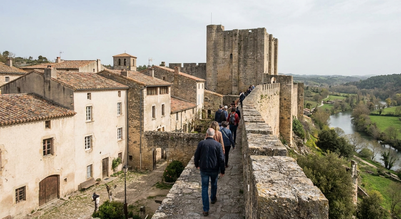 A stone wall walkway above terracotta rooftops in a small Portuguese hill town under a clear sky