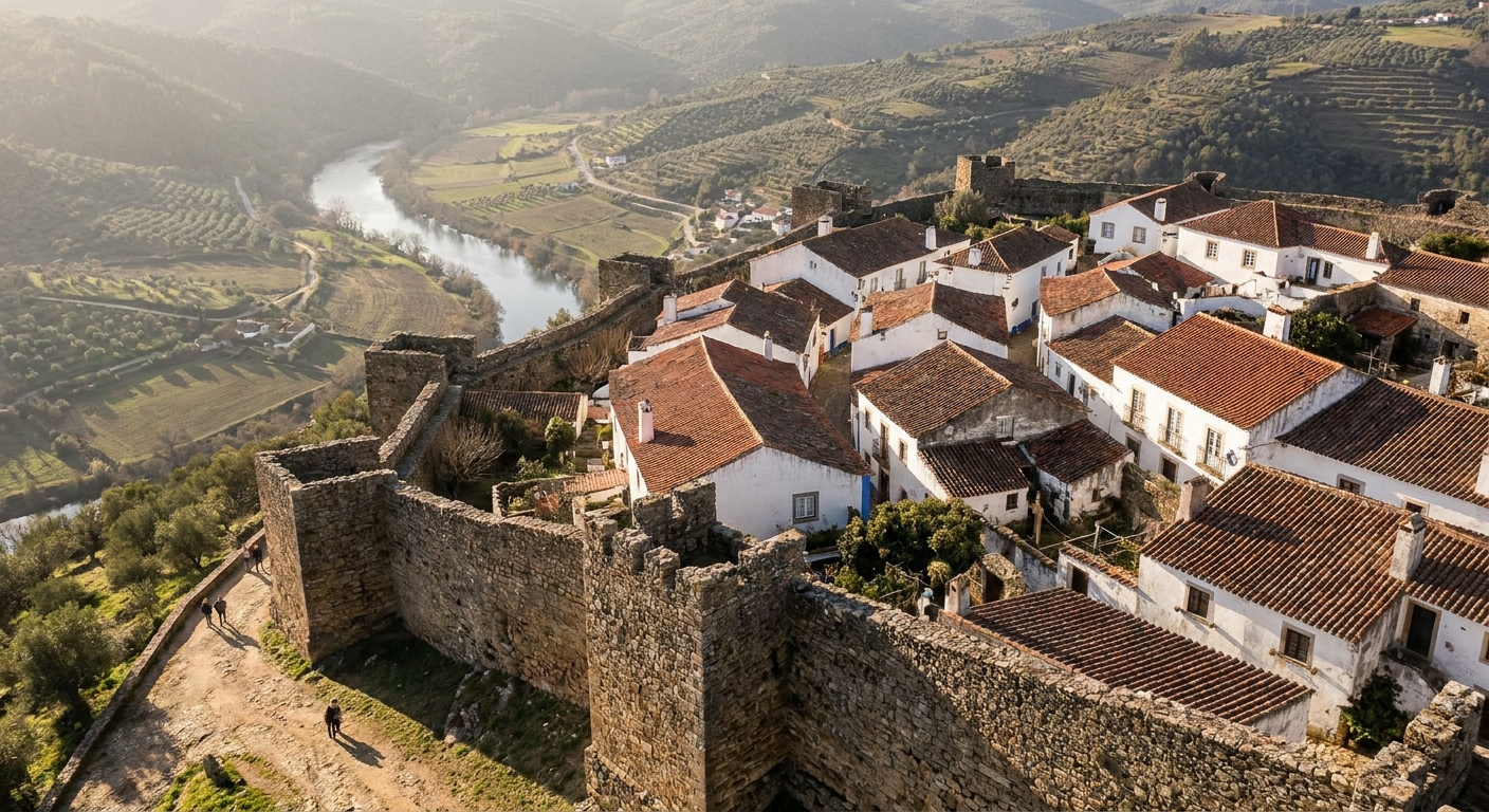 Whitewashed houses with blue trim inside a stone hilltop wall under gray winter sky