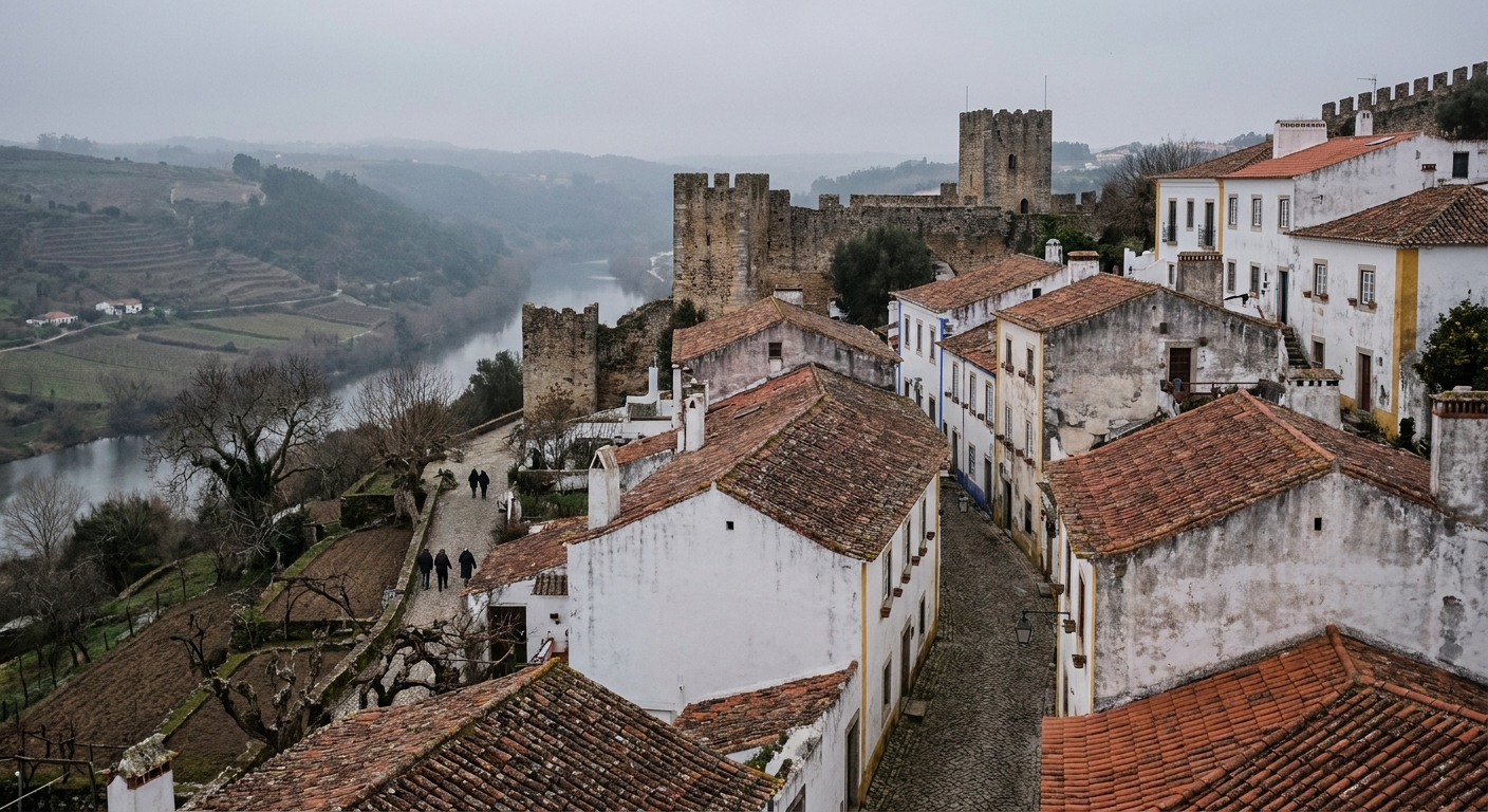 Whitewashed houses and stone castle walls of a hilltop Portuguese village under a winter sky
