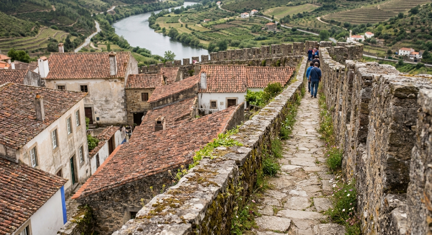 A narrow stone rampart walkway running above the tiled rooftops of a walled village