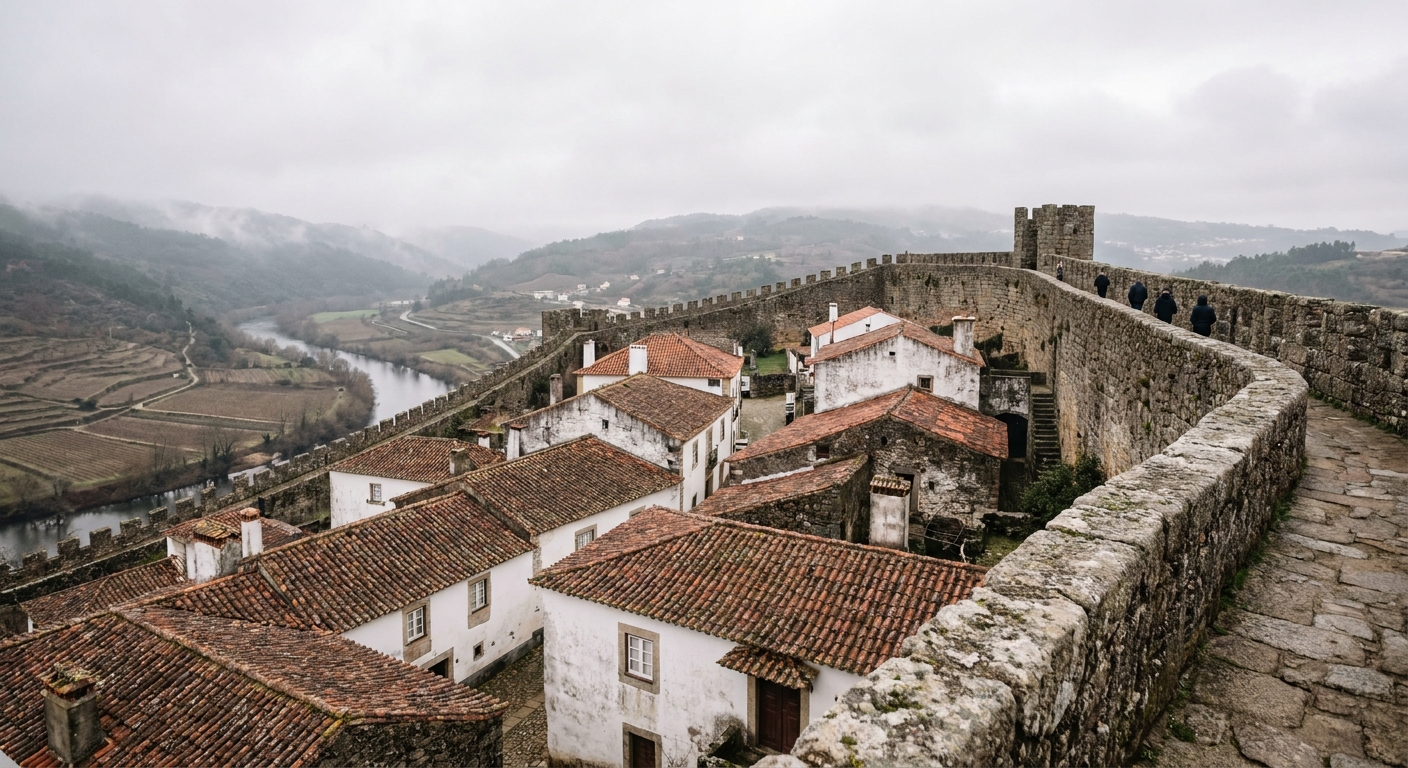 A walled hilltop town of whitewashed houses and red roofs under low winter cloud