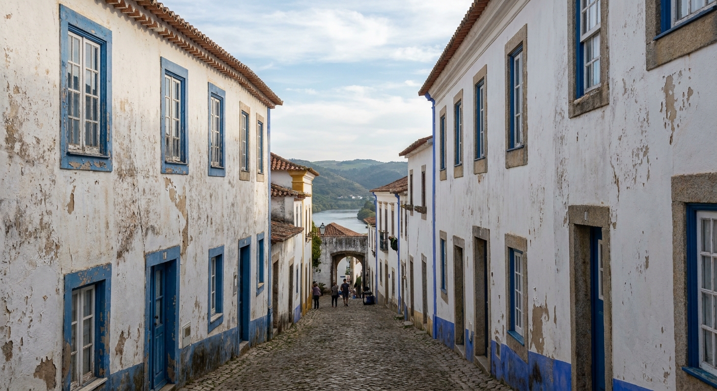 A narrow cobbled street lined with whitewashed houses trimmed in blue and yellow