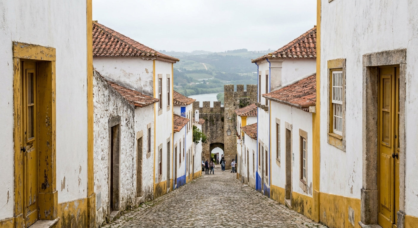 Narrow cobbled lane of whitewashed houses with blue-painted trim inside the walled town of Óbidos