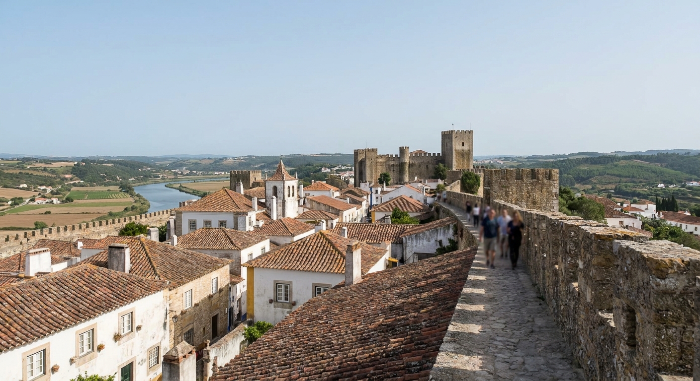 Terracotta rooftops of Óbidos seen from the medieval town wall under a clear summer sky
